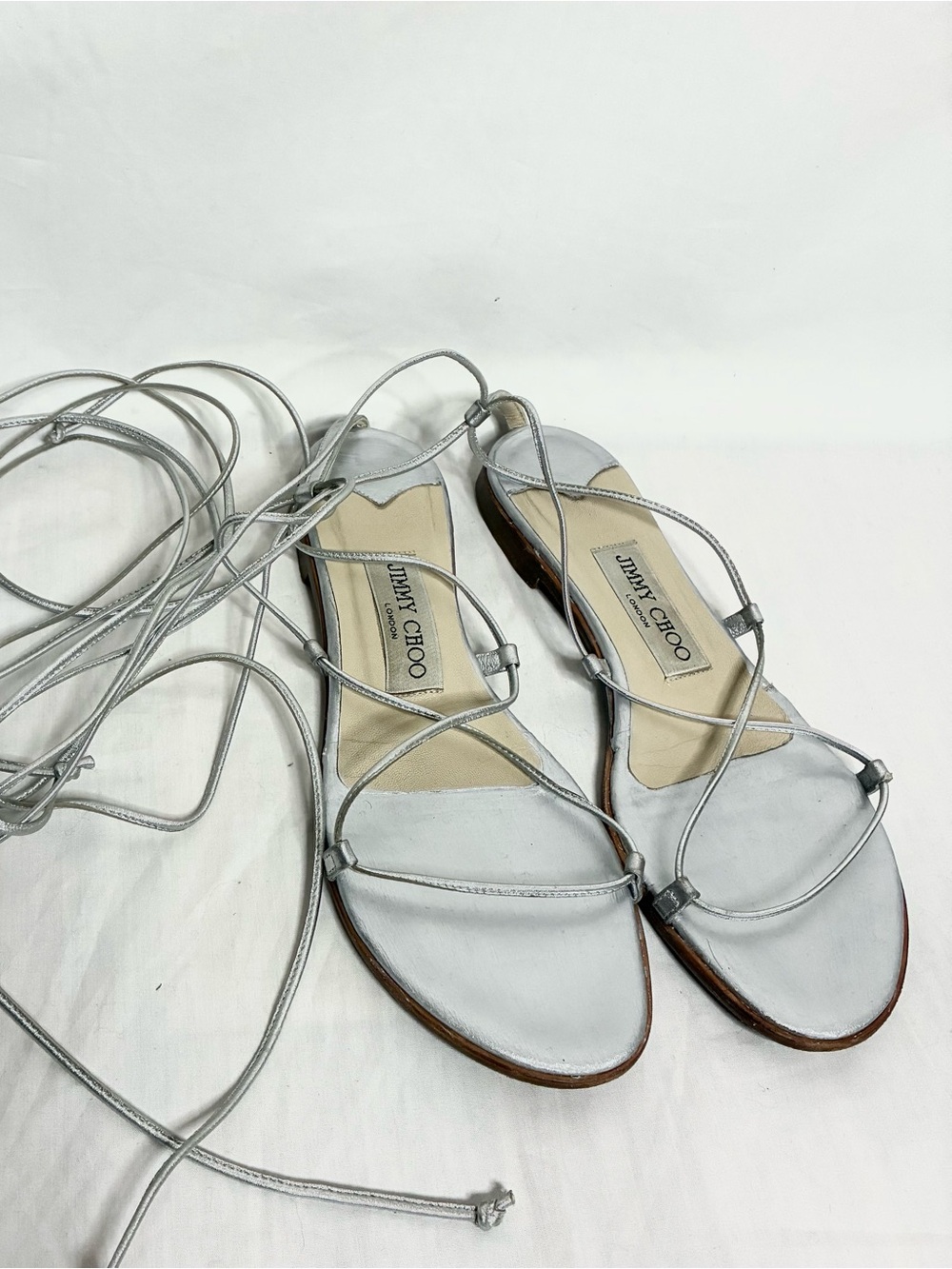 Jimmy Choo Leather Metallic Flat Wrap Around Sandals